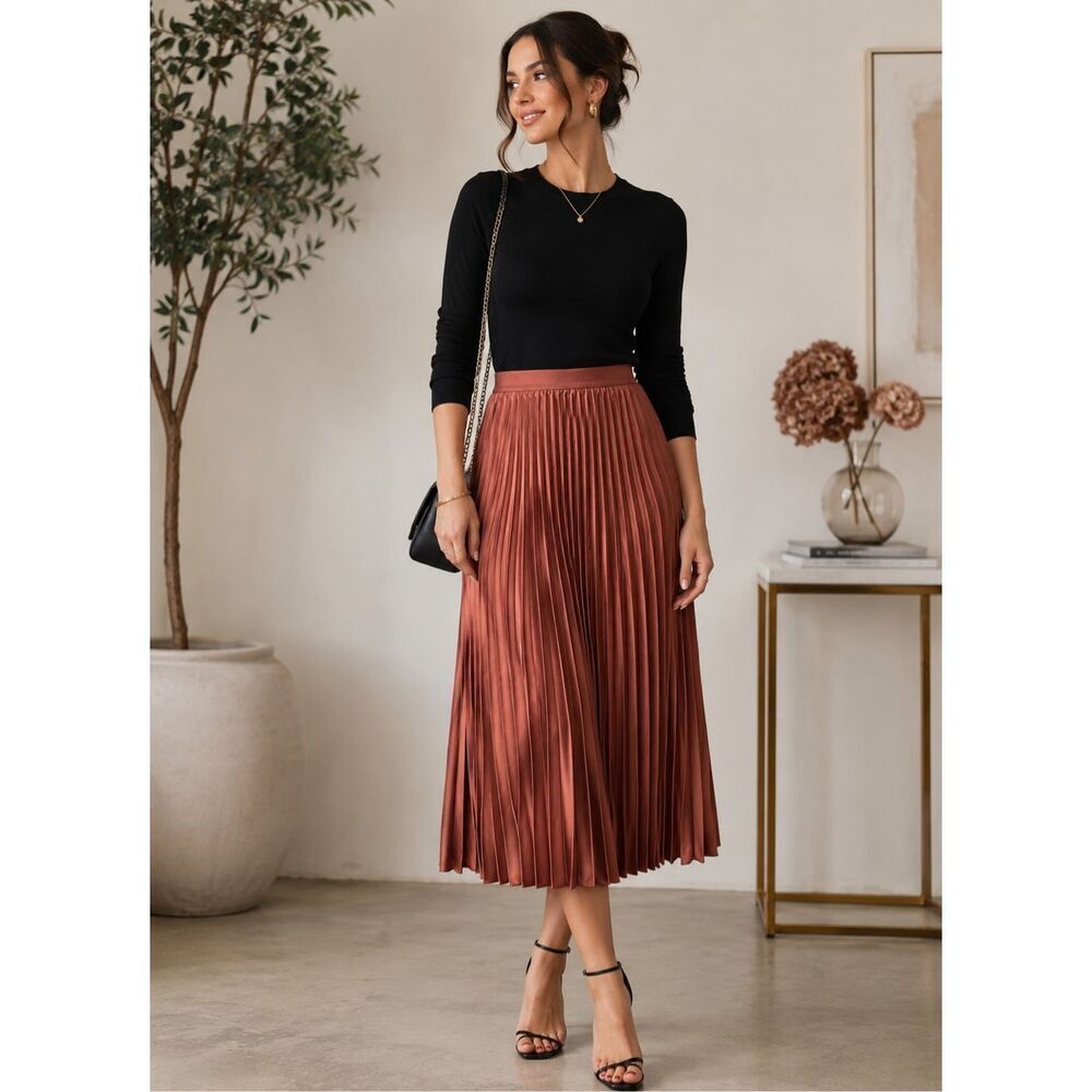 DR2 Pleated Satin Midi Skirt Women’s XS Copper Bronze Elastic Waist Shimmer